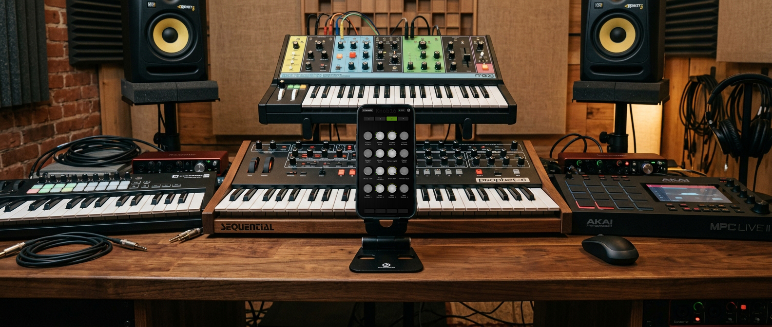 Knob16 running on an iPhone on a studio desk
