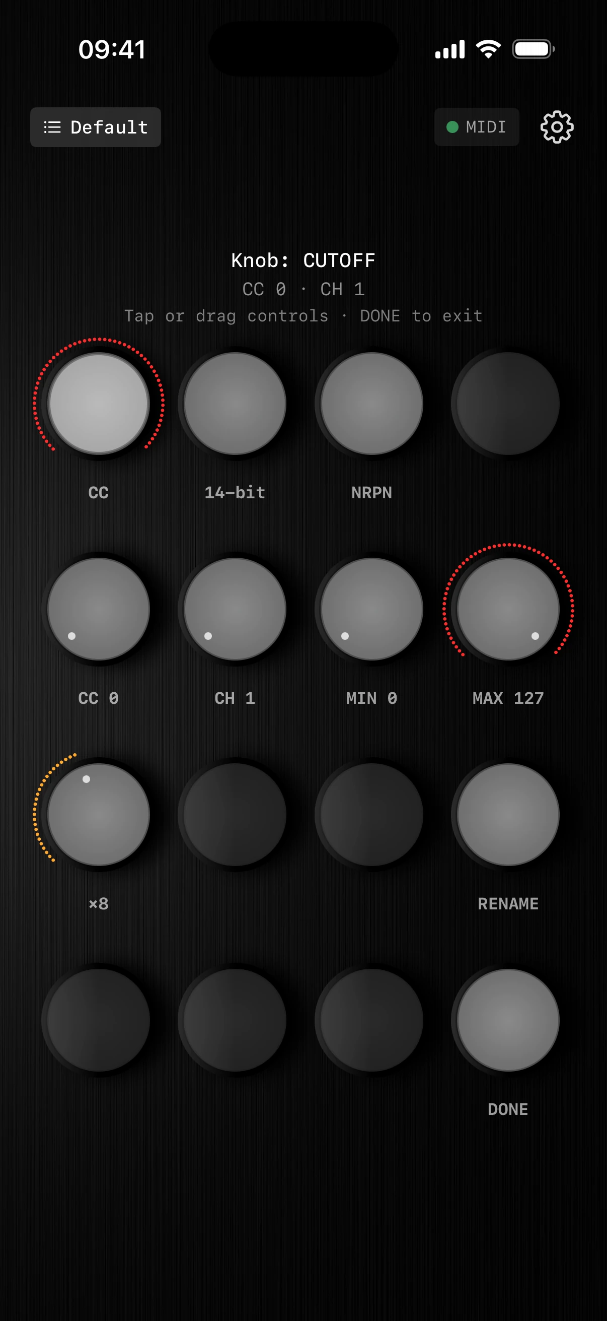 Knob16 knob configuration screen with CC, 14-bit, NRPN, CC number, channel, min, max, fine factor, rename and done controls