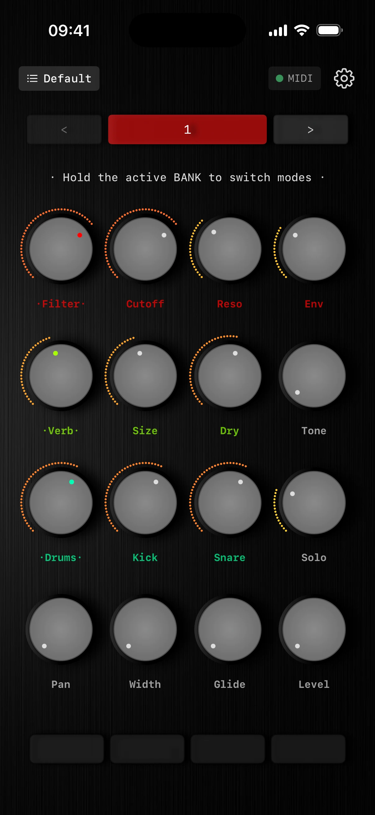 Knob16 group mode with red, green, and teal knob groups, named controls, and gray ungrouped knobs