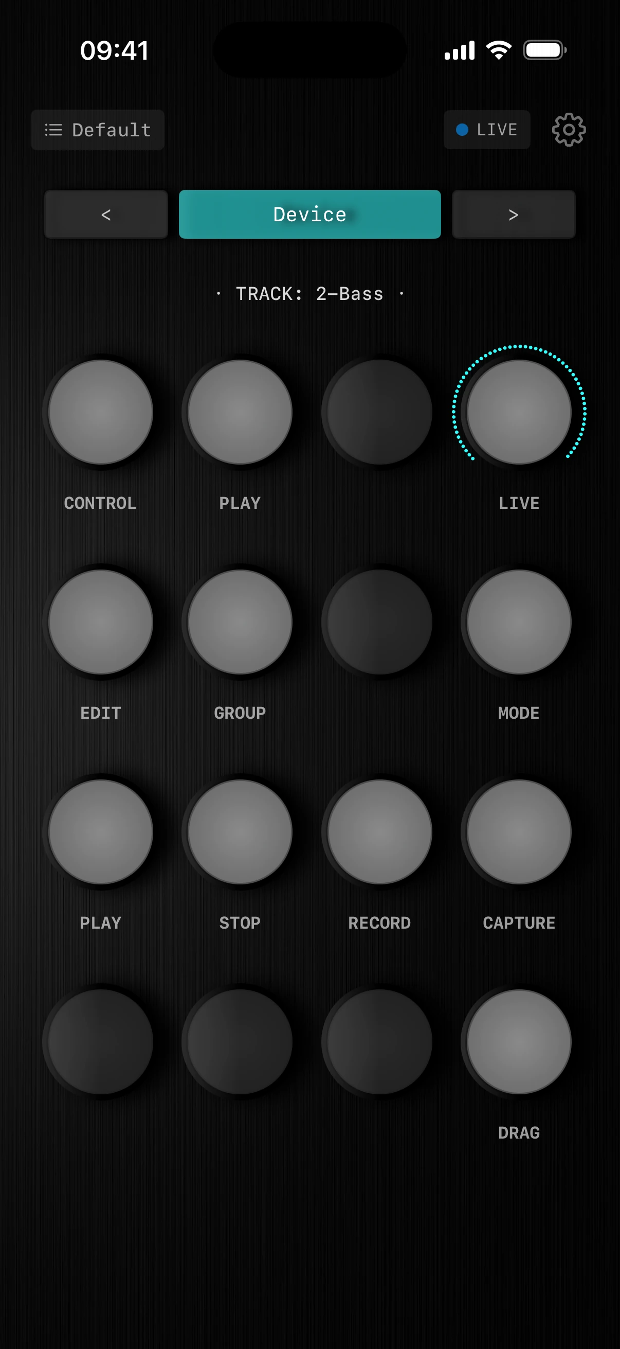 Knob16 Mode Select in Live mode with Live, Mode, transport play, stop, record and capture