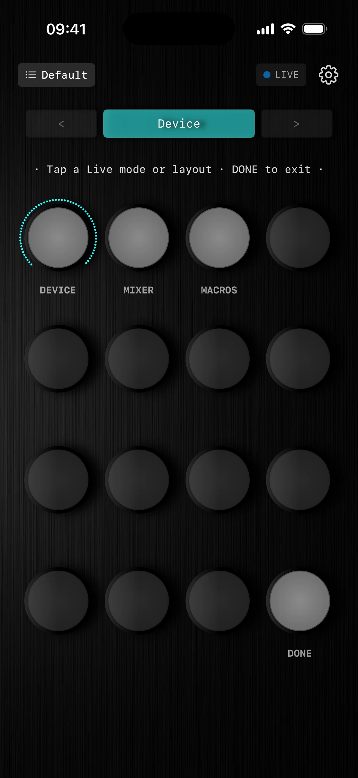 Knob16 Live layout menu with Device selected, plus Mixer and Macros