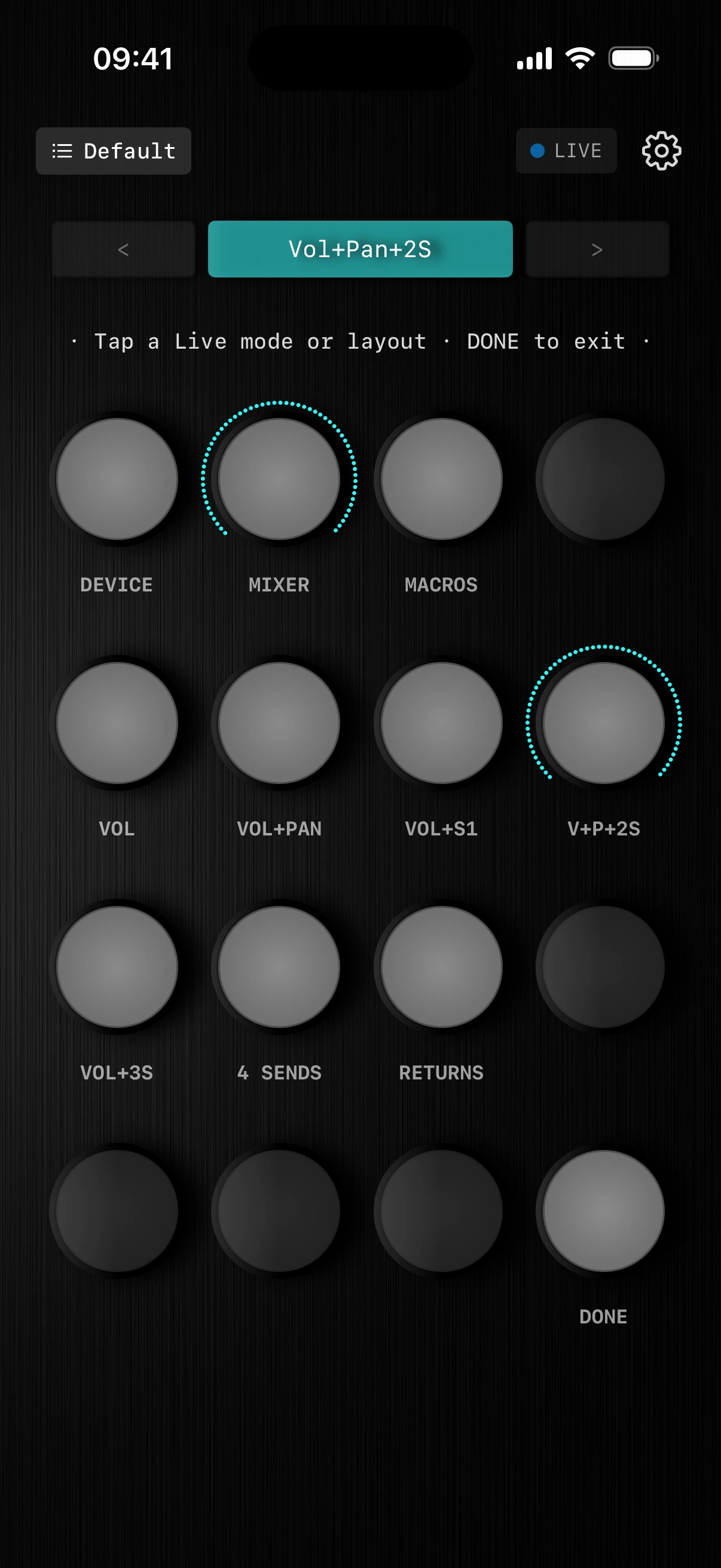 Knob16 Live mixer layouts: Vol, Vol+Pan, Vol+S1, V+P+2S, Vol+3S, 4 Sends, Returns