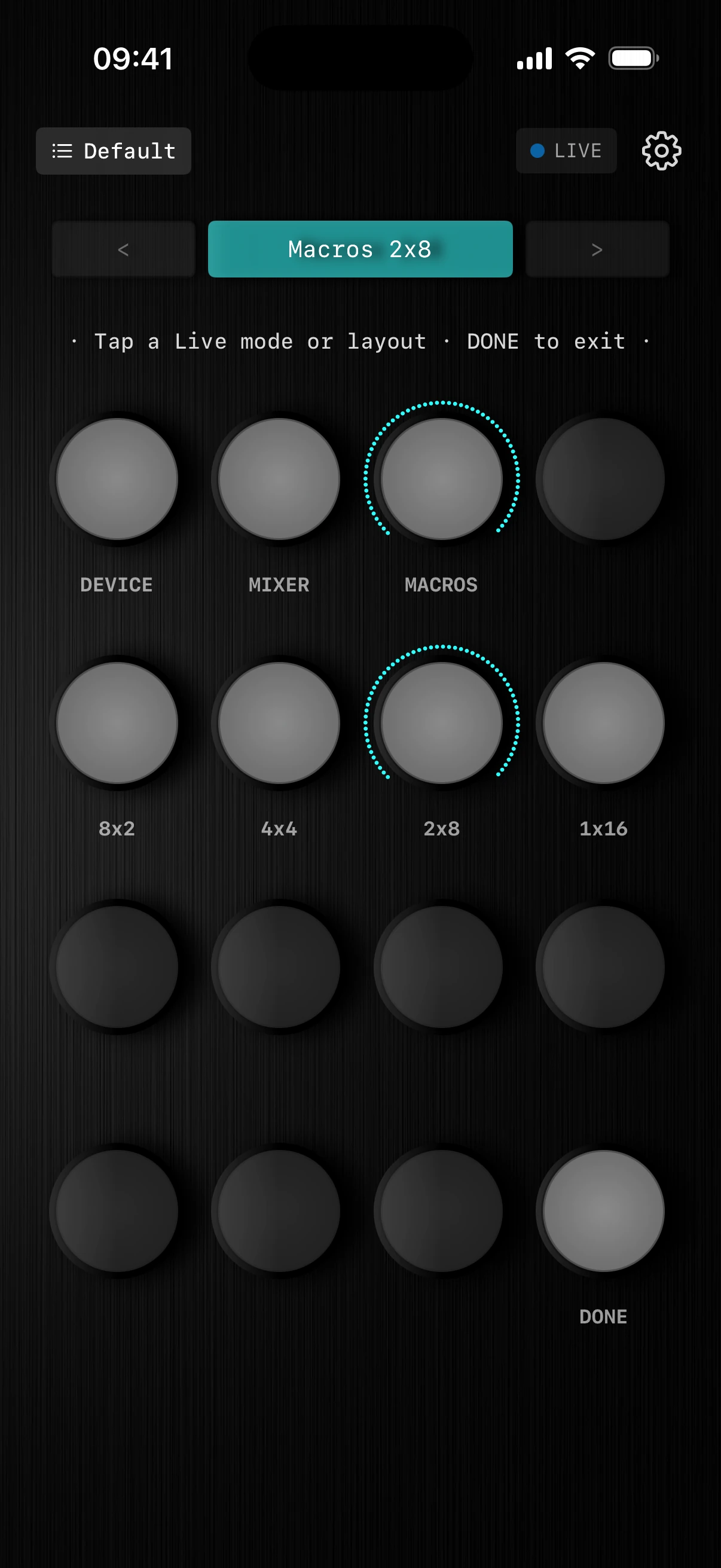 Knob16 Live macro layouts: 8x2, 4x4, 2x8 and 1x16