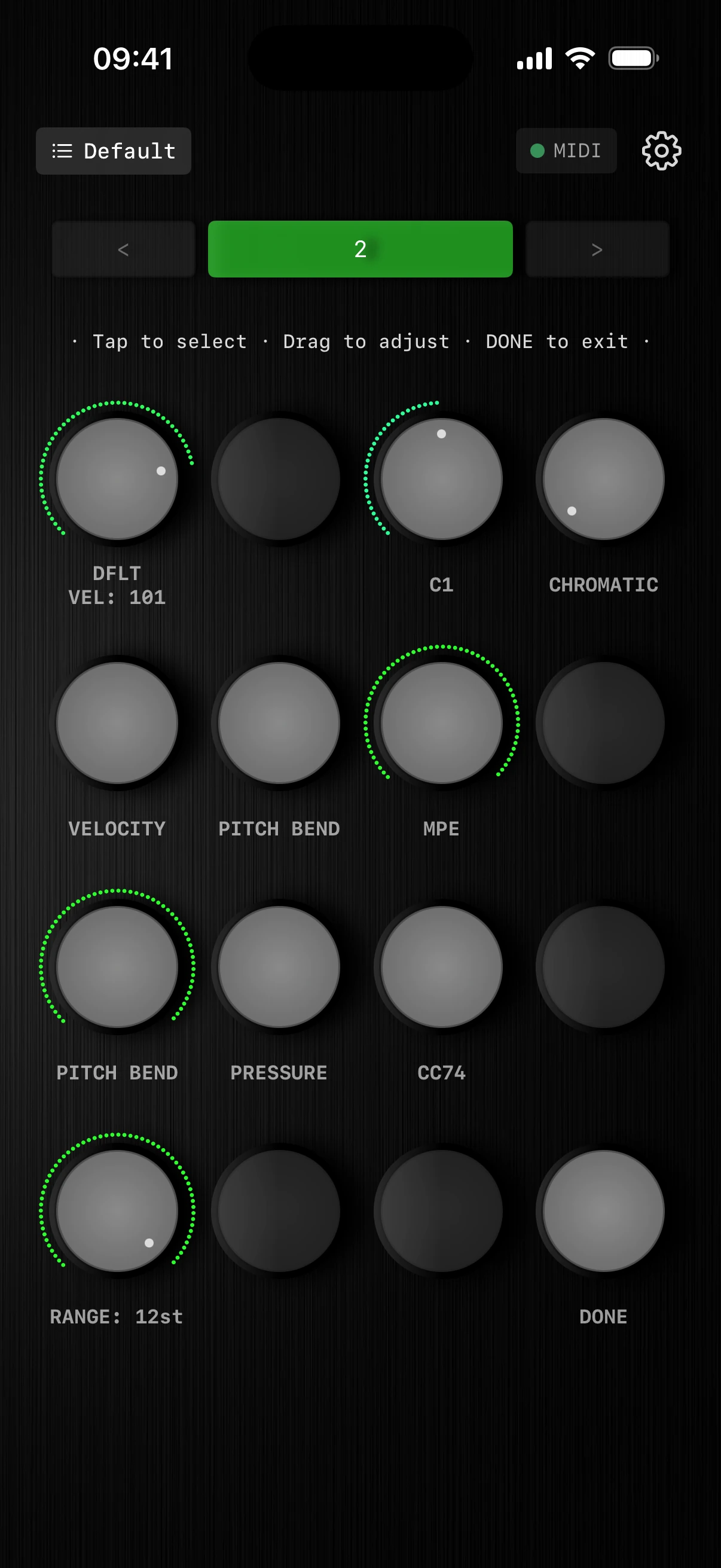 Knob16 Pad Config with MPE selected, showing default velocity, root note, scale, expression choices, and bend range